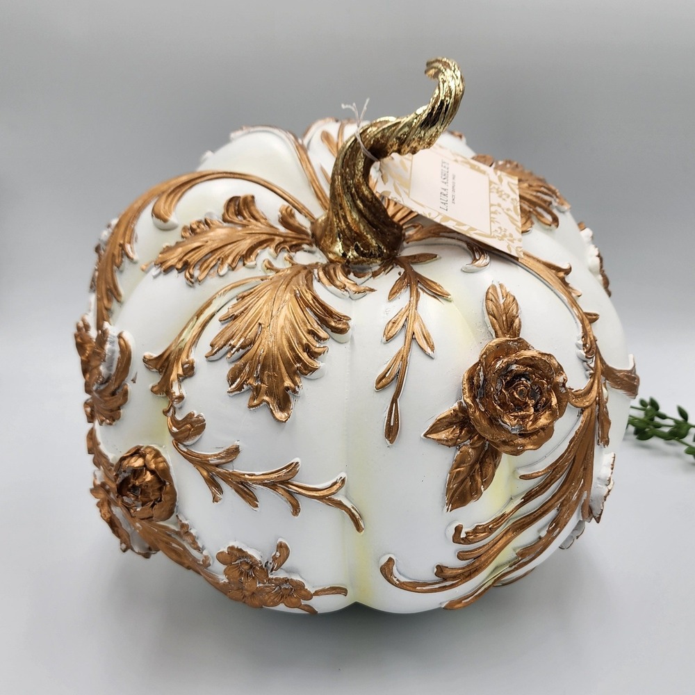 Laura‎ Ashley Decorative Pumpkin White Gold Floral Scrollwork Baroque Fall Decor